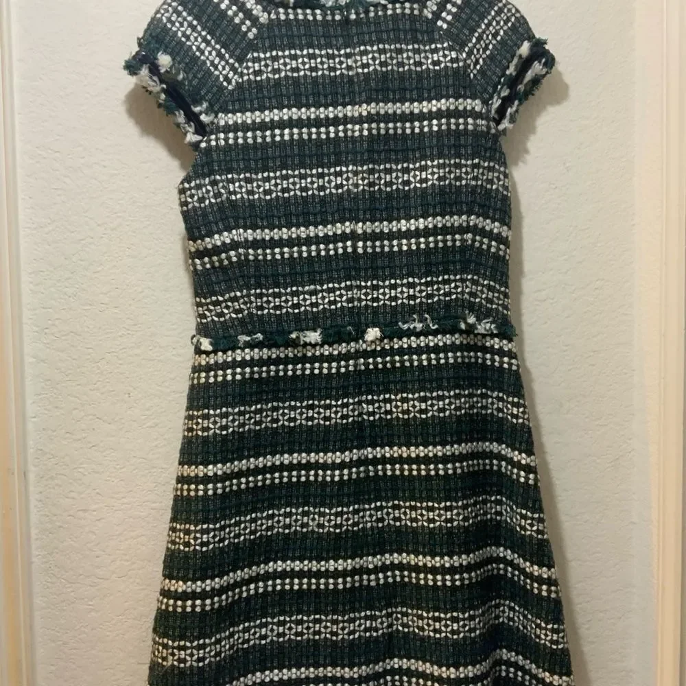 TORY BURCH Norfolk Green Black/Green Tweed Cap Sleeves A-line Sequin Dress $395